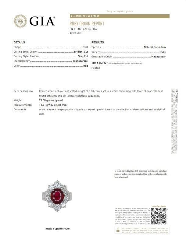 5.03 Carat Ruby Diamond Platinum Ring, GIA Certified