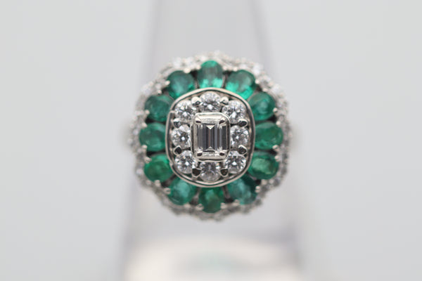 Diamond Emerald-Halo Floral Platinum Ring