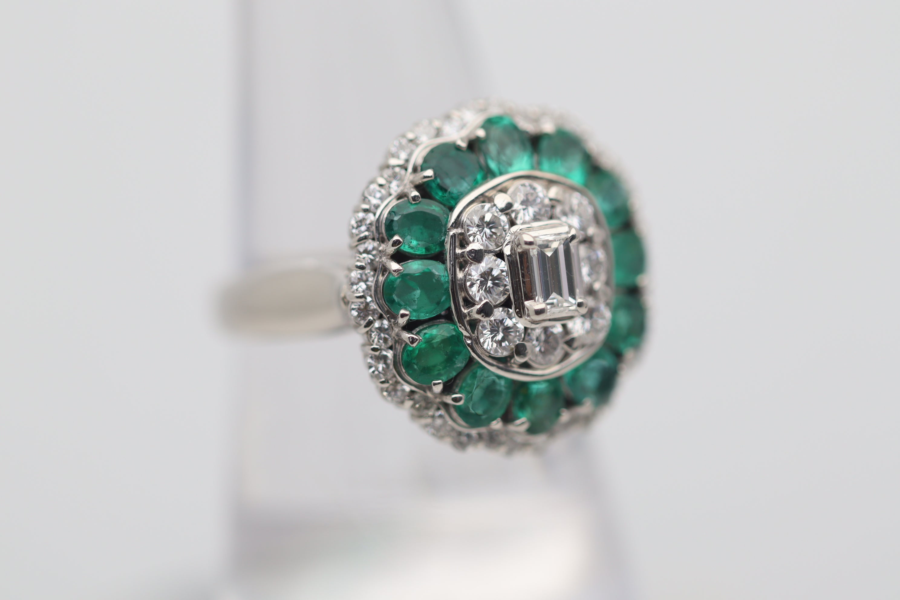 Diamond Emerald-Halo Floral Platinum Ring