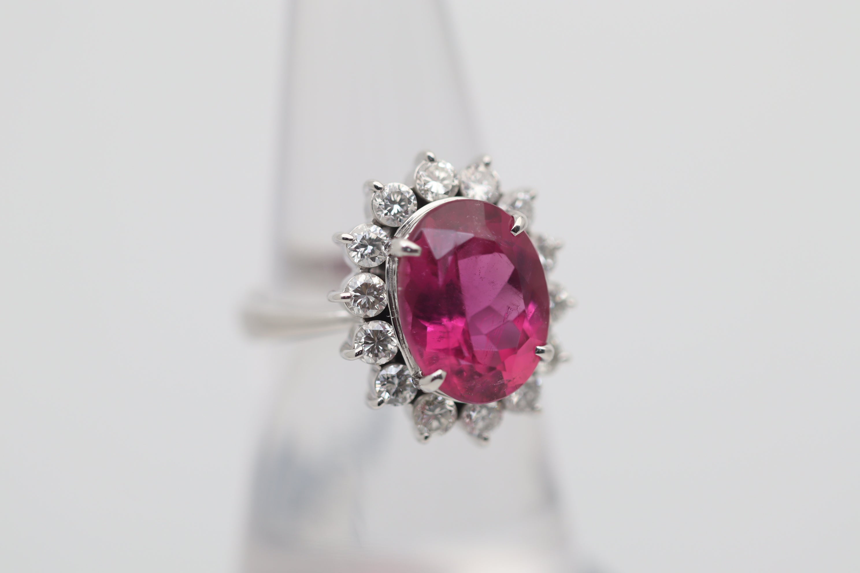 Pink Tourmaline Diamond Halo Platinum Ring