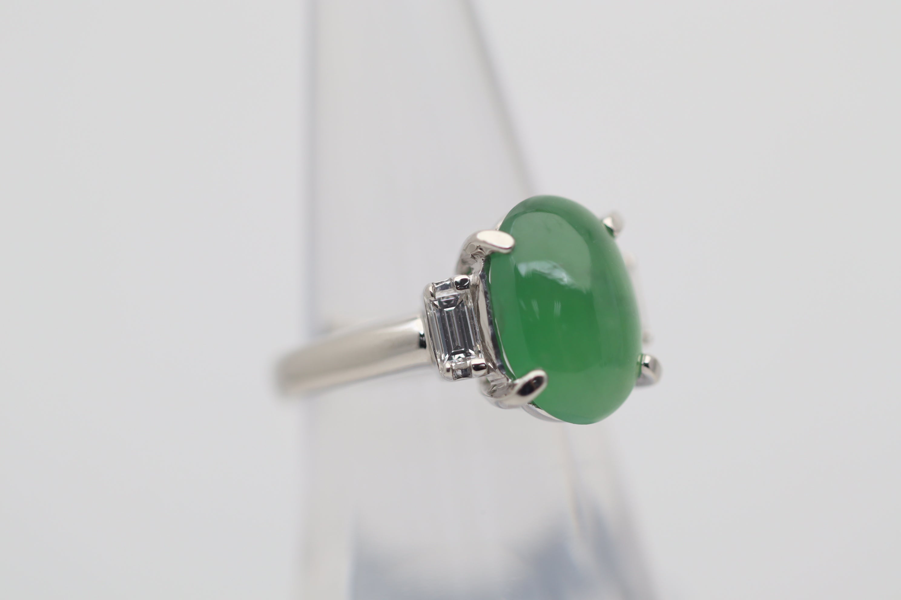 Jadeite Jade Diamond 3-Stone Platinum Ring