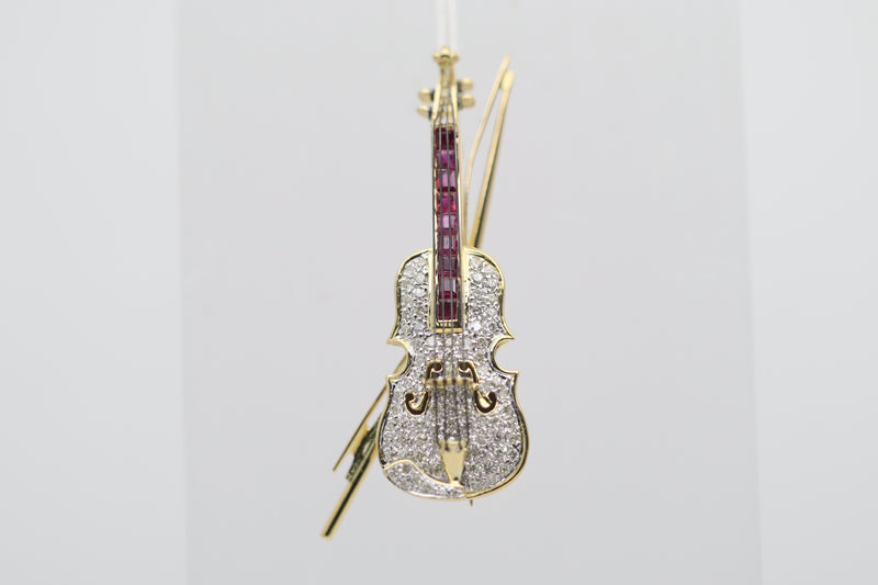 Diamond Ruby Gold Violin Brooch-Pendant