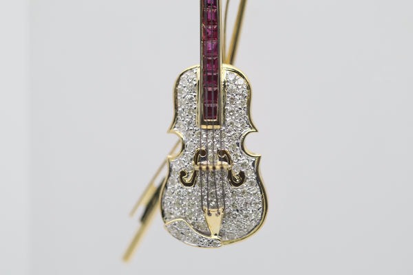 Diamond Ruby Gold Violin Brooch-Pendant