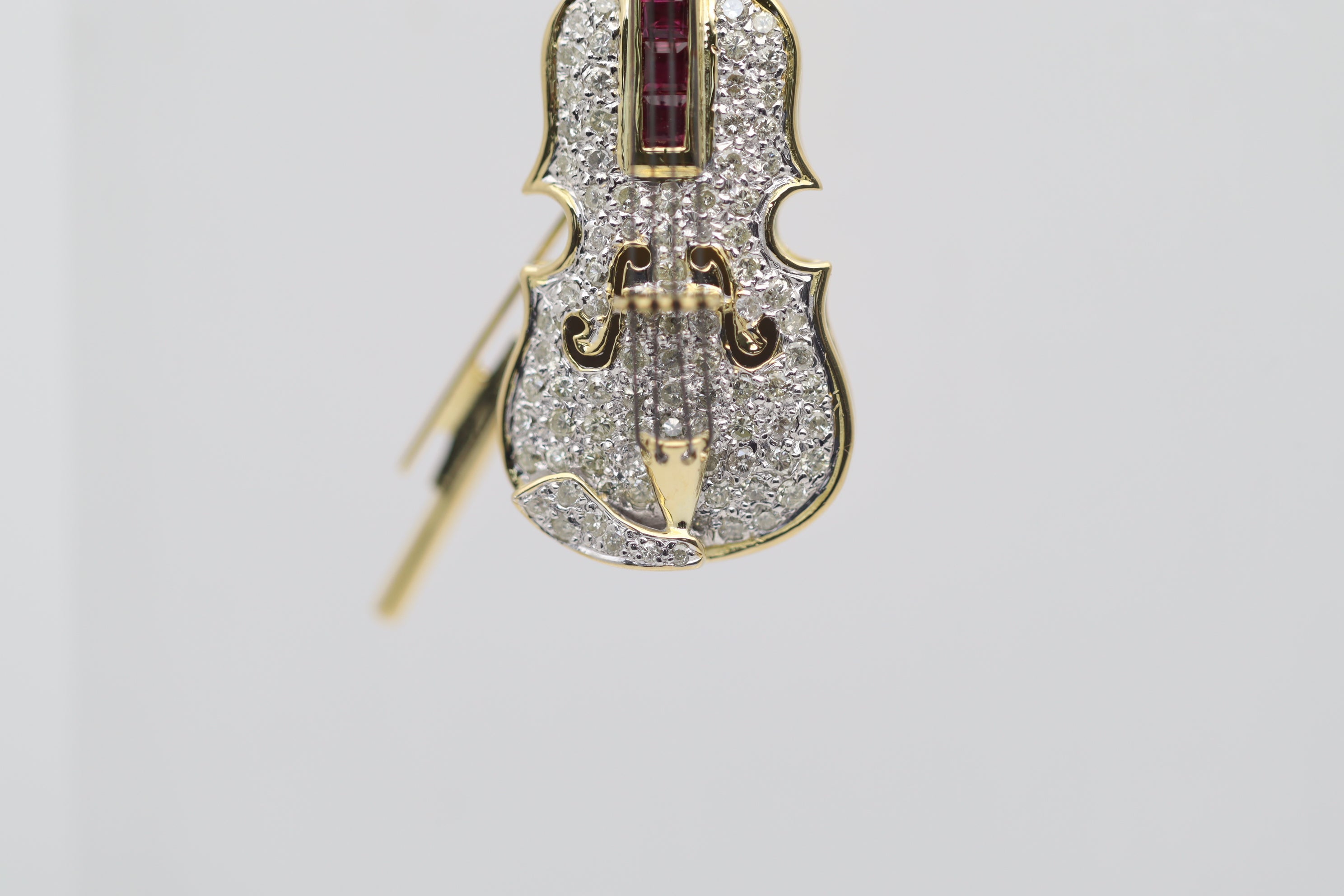 Diamond Ruby Gold Violin Brooch-Pendant