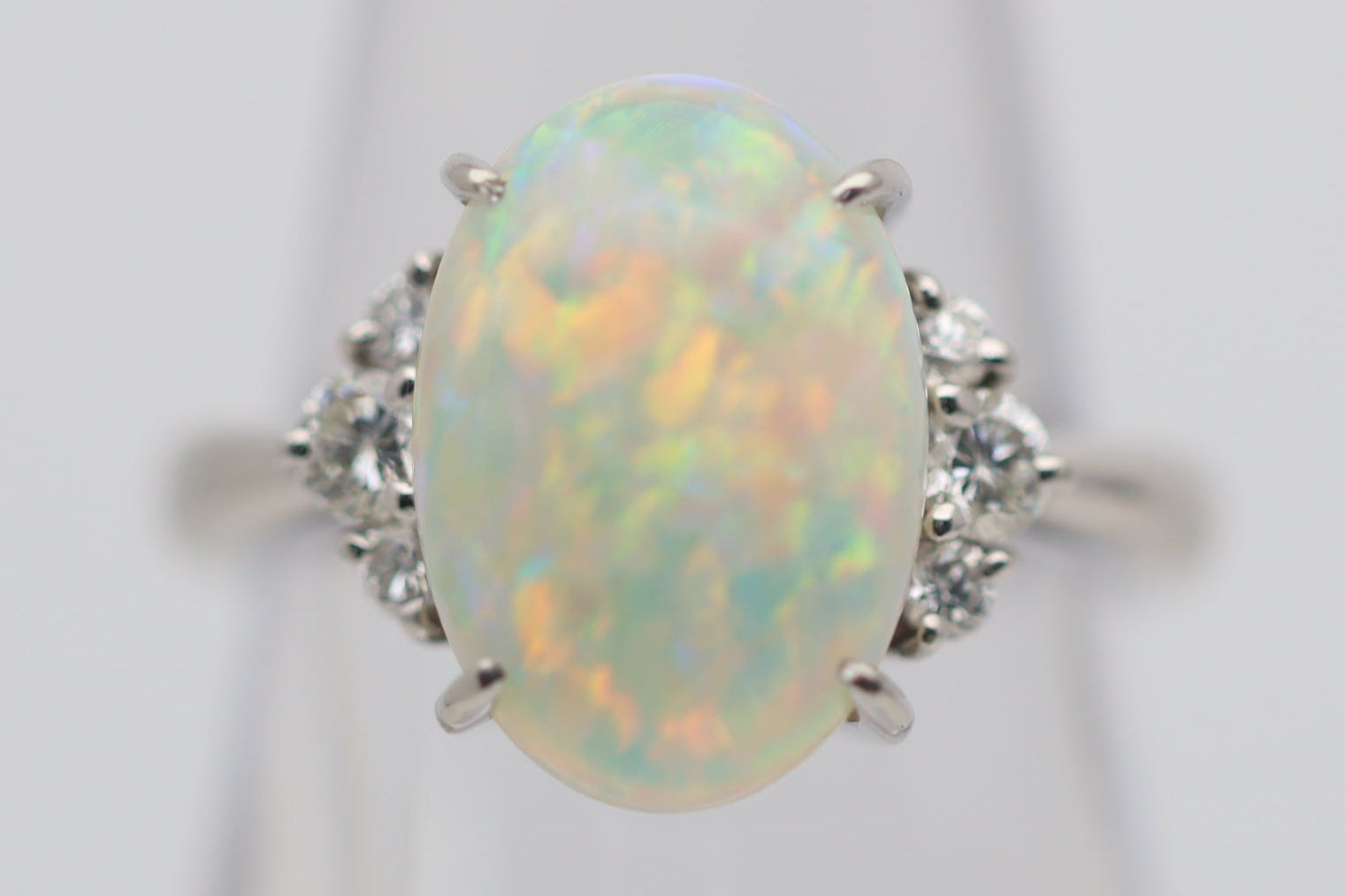 4.83 Carat Superb Australian Crystal Opal Diamond Platinum Ring