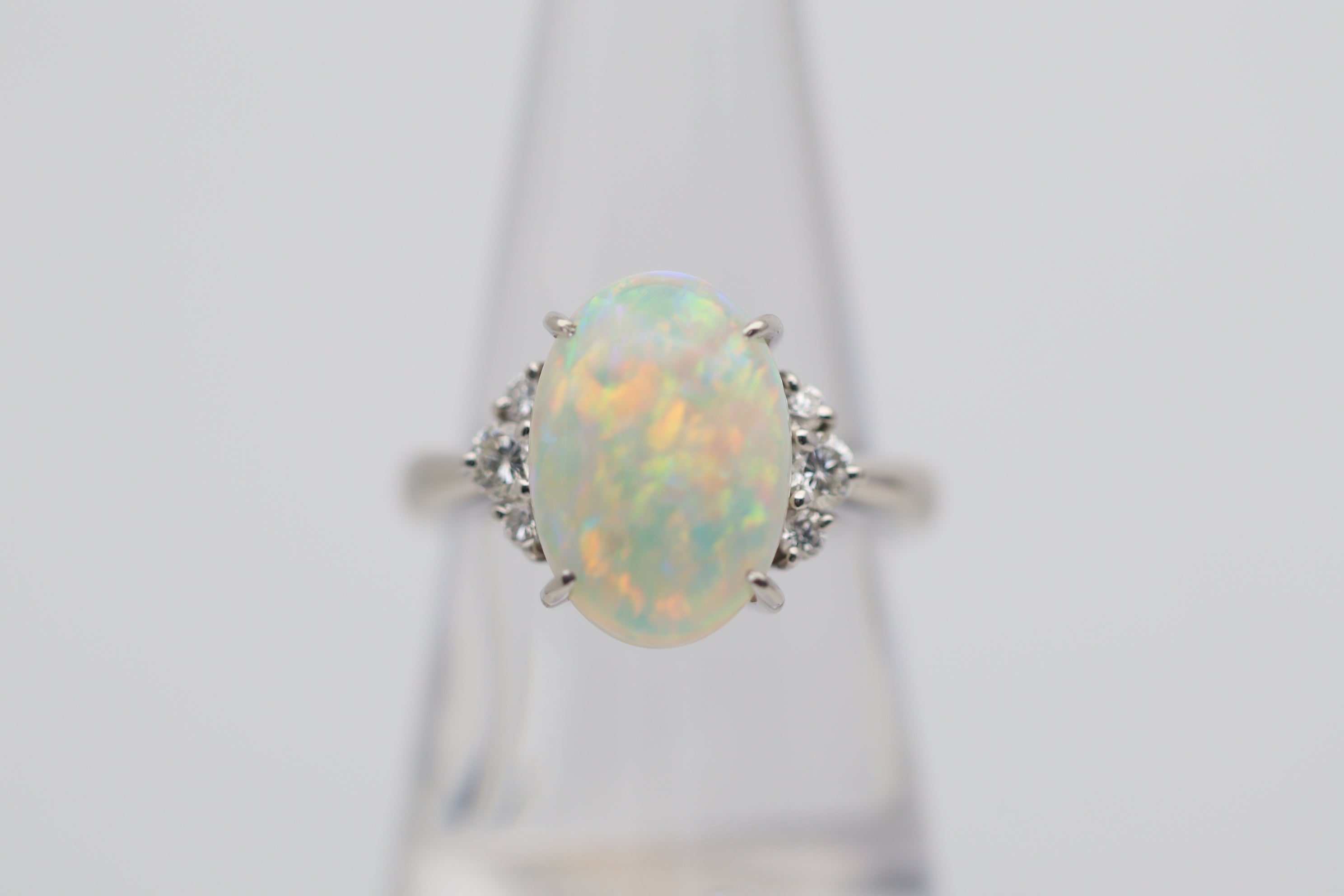 4.83 Carat Superb Australian Crystal Opal Diamond Platinum Ring