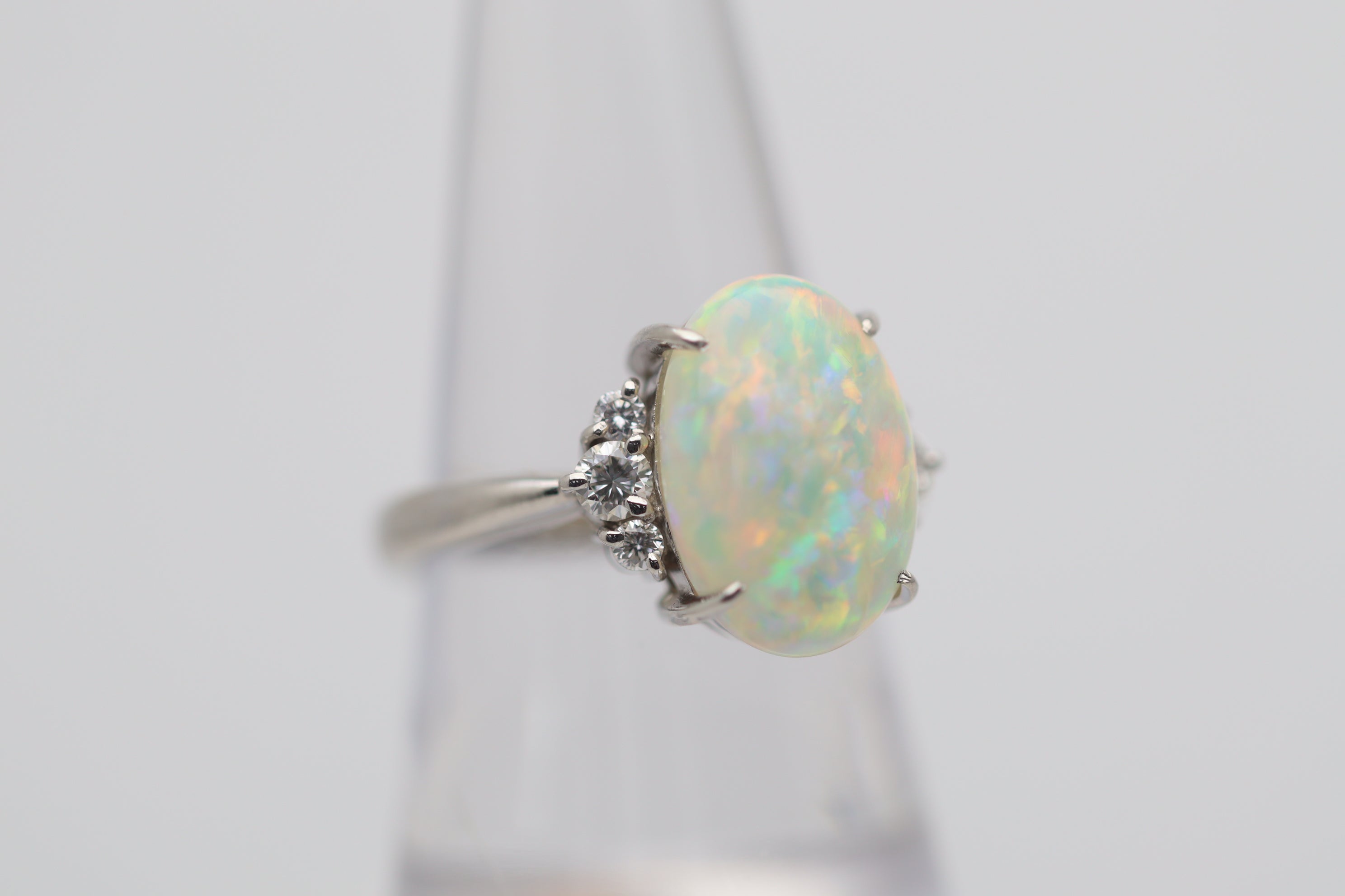 4.83 Carat Superb Australian Crystal Opal Diamond Platinum Ring