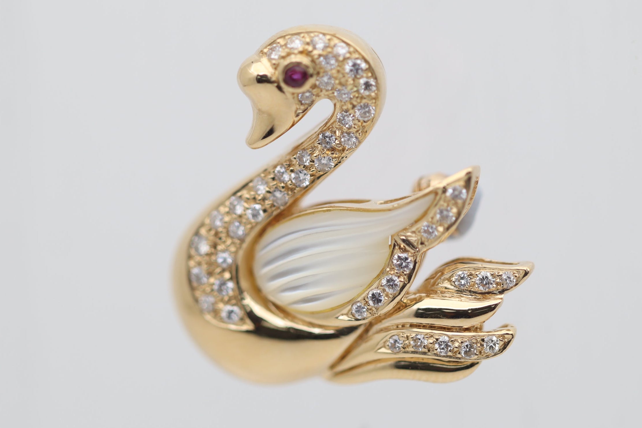 Diamond Ruby Mother-of-Pearl Gold Swan Brooch Pin