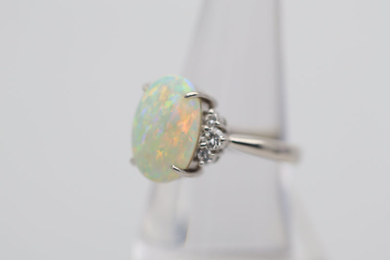 4.83 Carat Superb Australian Crystal Opal Diamond Platinum Ring