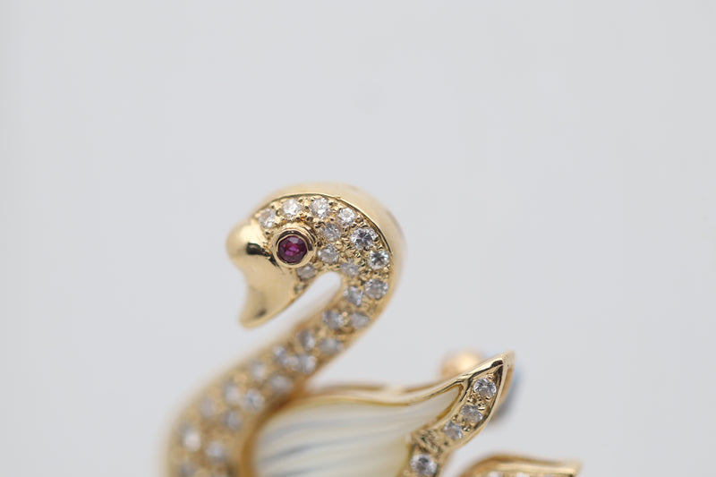 Diamond Ruby Mother-of-Pearl Gold Swan Brooch Pin