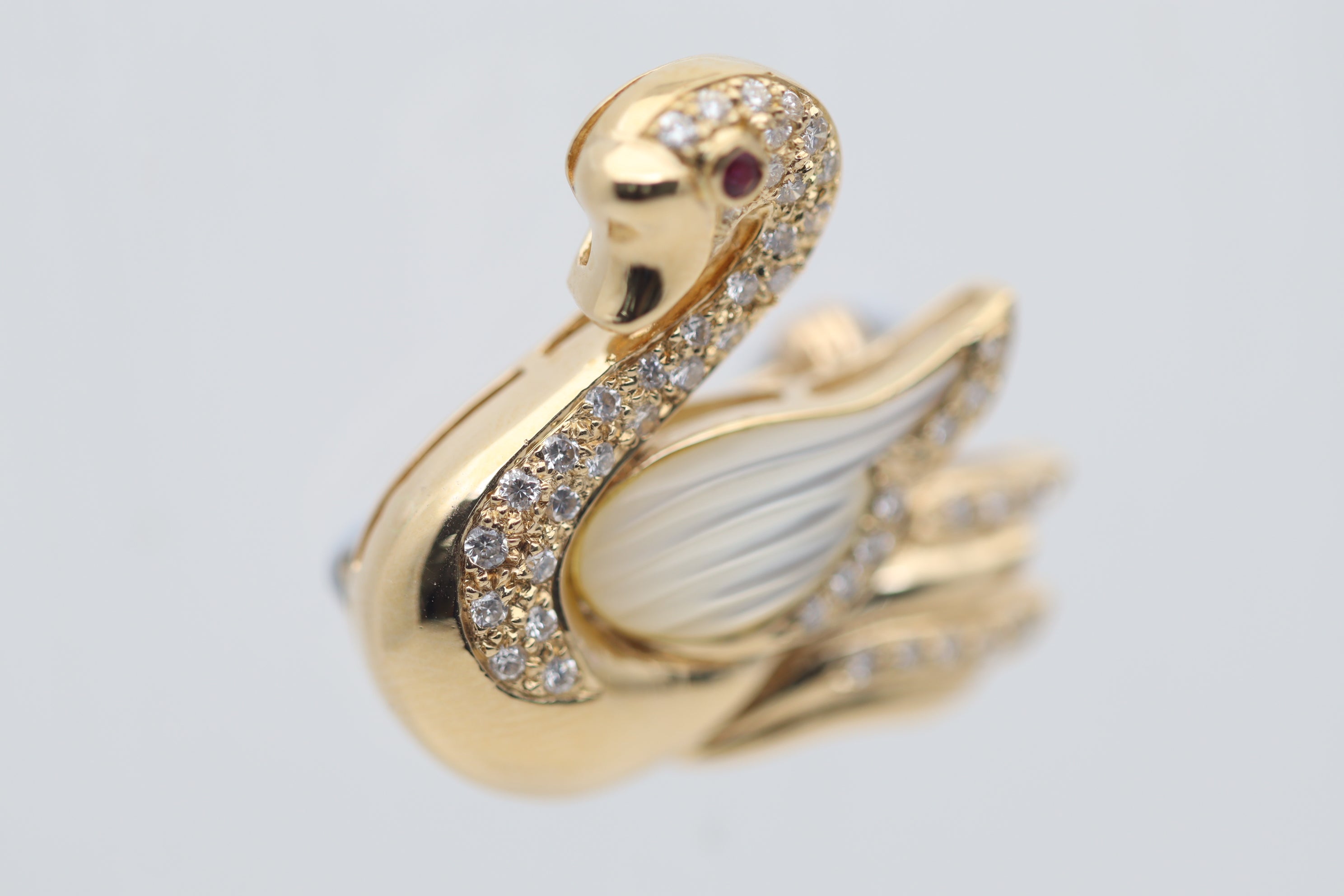 Diamond Ruby Mother-of-Pearl Gold Swan Brooch Pin