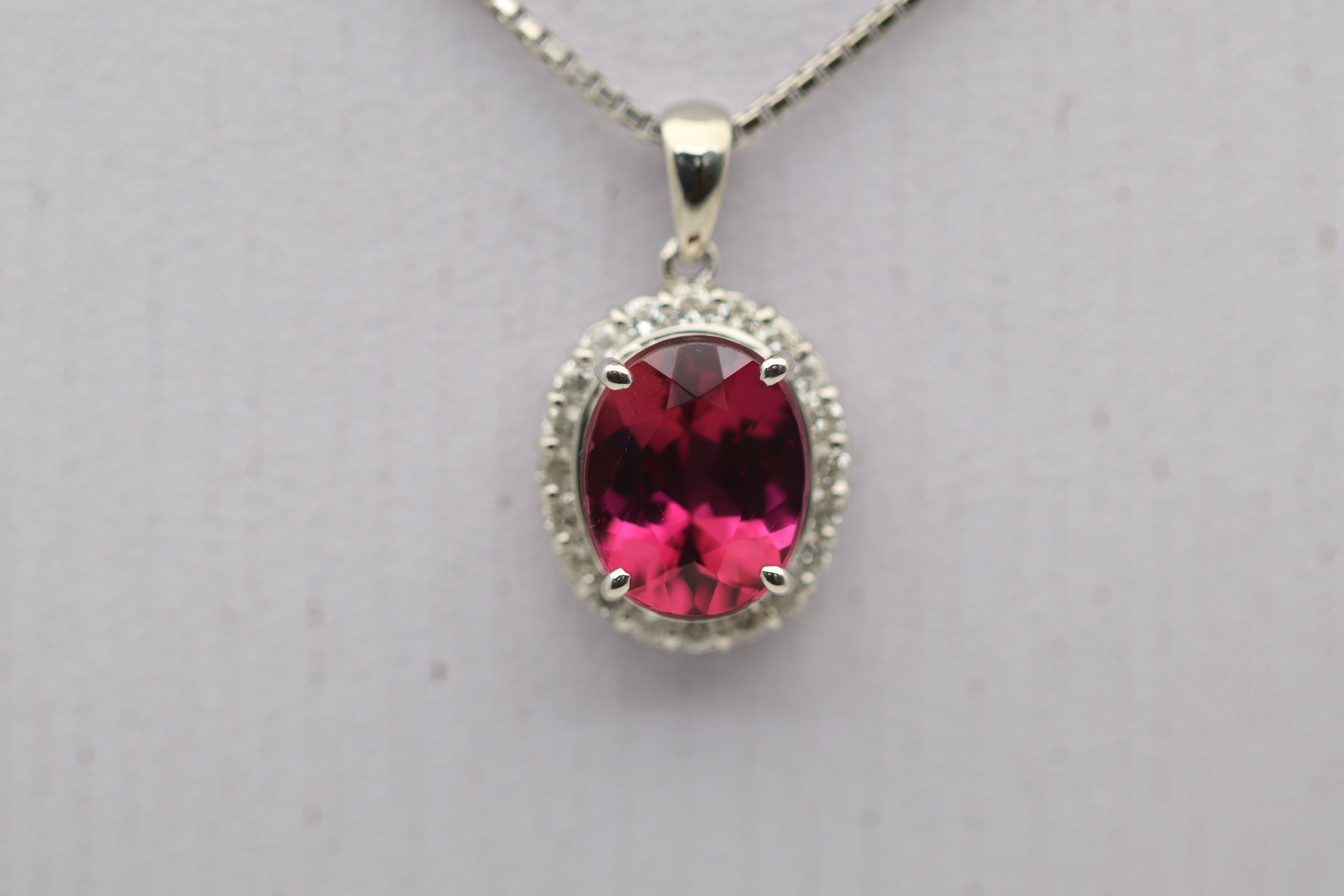 Rubellite Tourmaline Diamond Halo Platinum Pendant