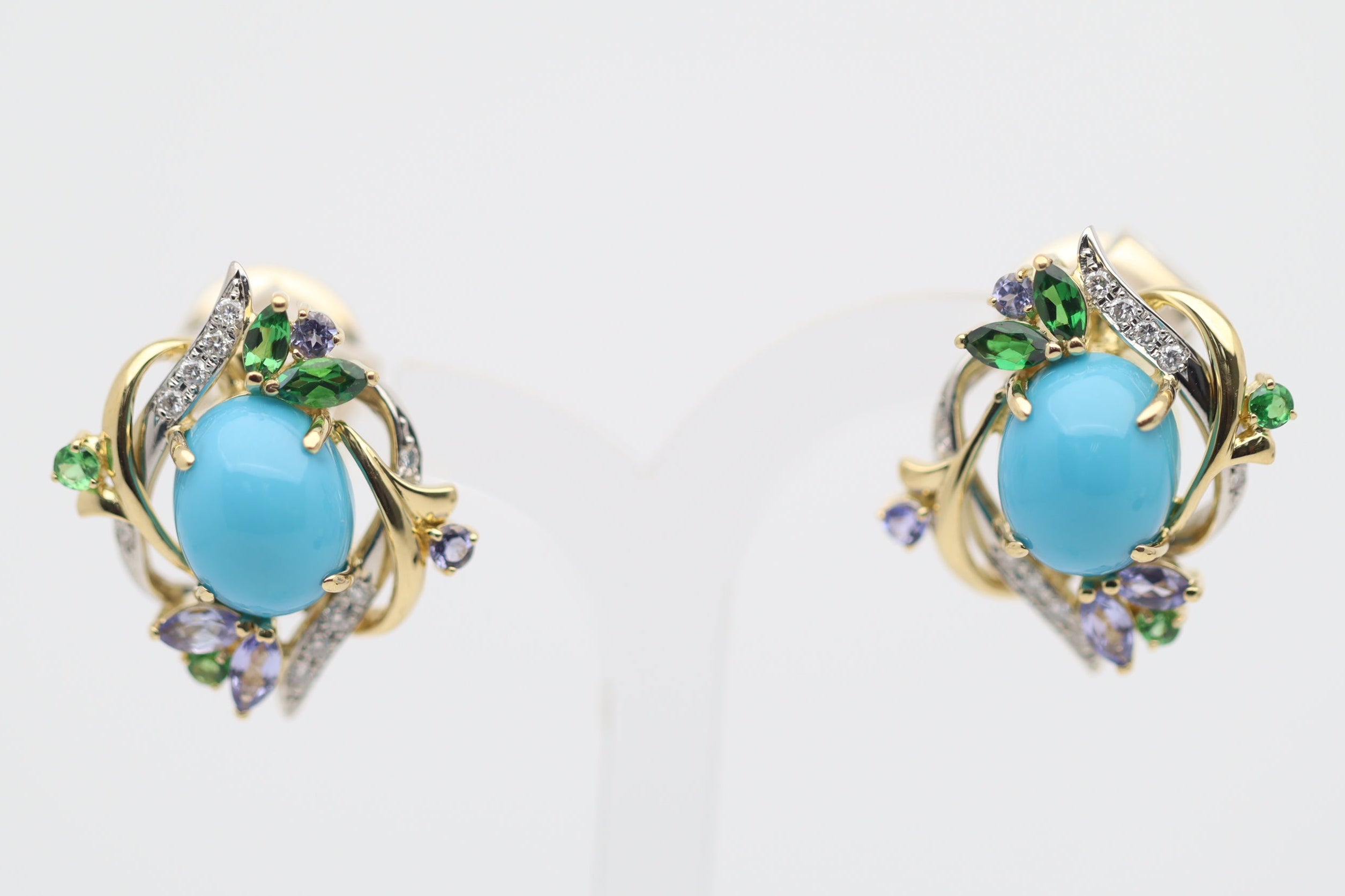 Persian Turquoise Diamond Tsavorite Tanzanite Gold & Platinum Earrings