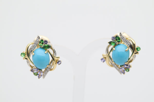 Persian Turquoise Diamond Tsavorite Tanzanite Gold & Platinum Earrings