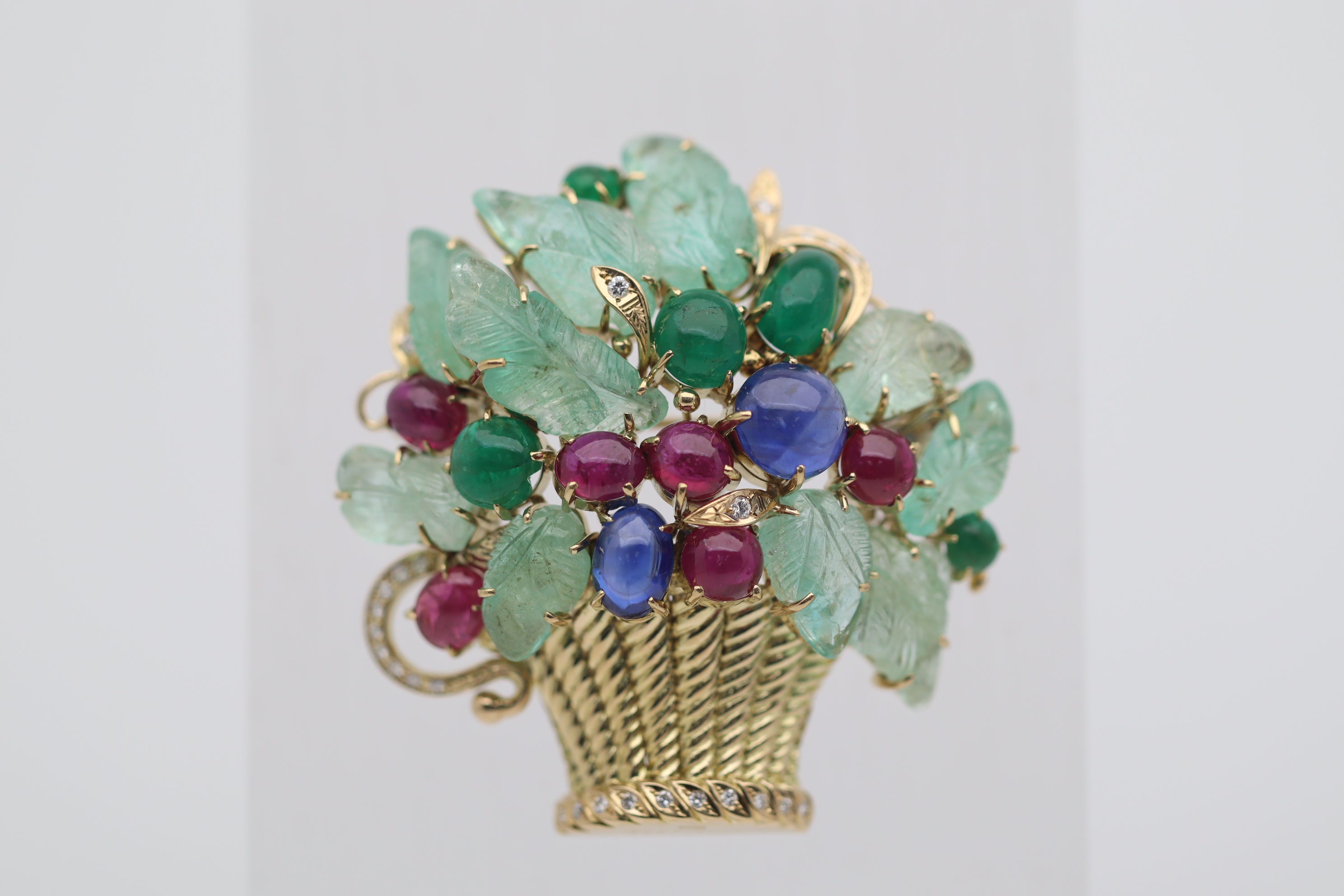 Tutti Frutti Emerald Sapphire Ruby Diamond Gold Floral Deco-Style Pendant Brooch