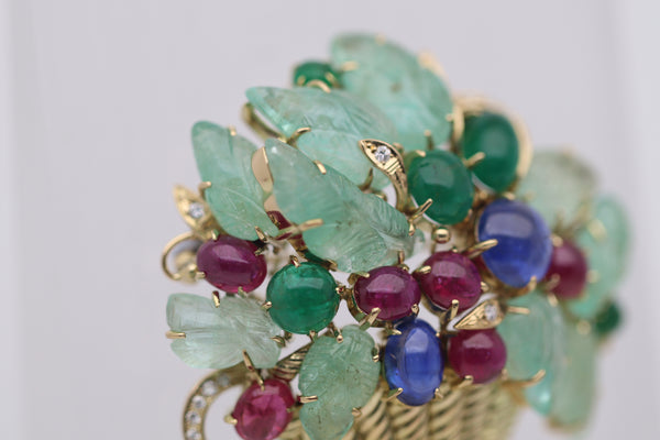 Tutti Frutti Emerald Sapphire Ruby Diamond Gold Floral Deco-Style Pendant Brooch