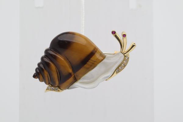 Diamond Tigers-Eye Mother-of-Pearl Gold Snail Brooch