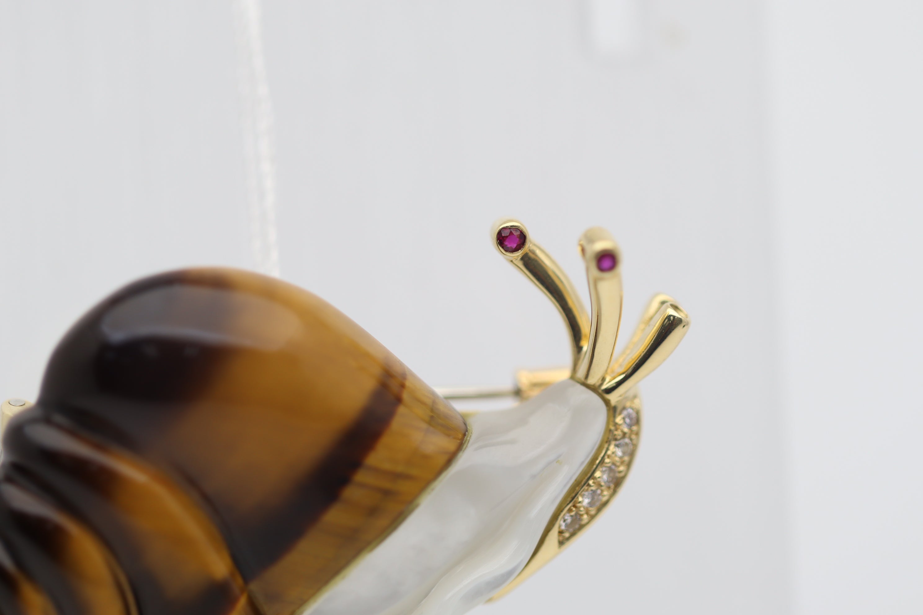 Diamond Tigers-Eye Mother-of-Pearl Gold Snail Brooch