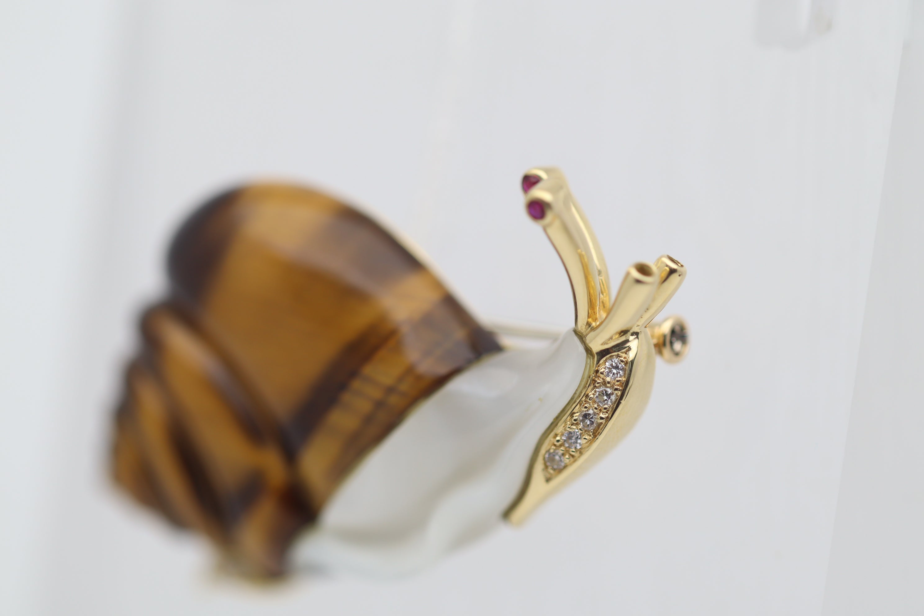 Diamond Tigers-Eye Mother-of-Pearl Gold Snail Brooch