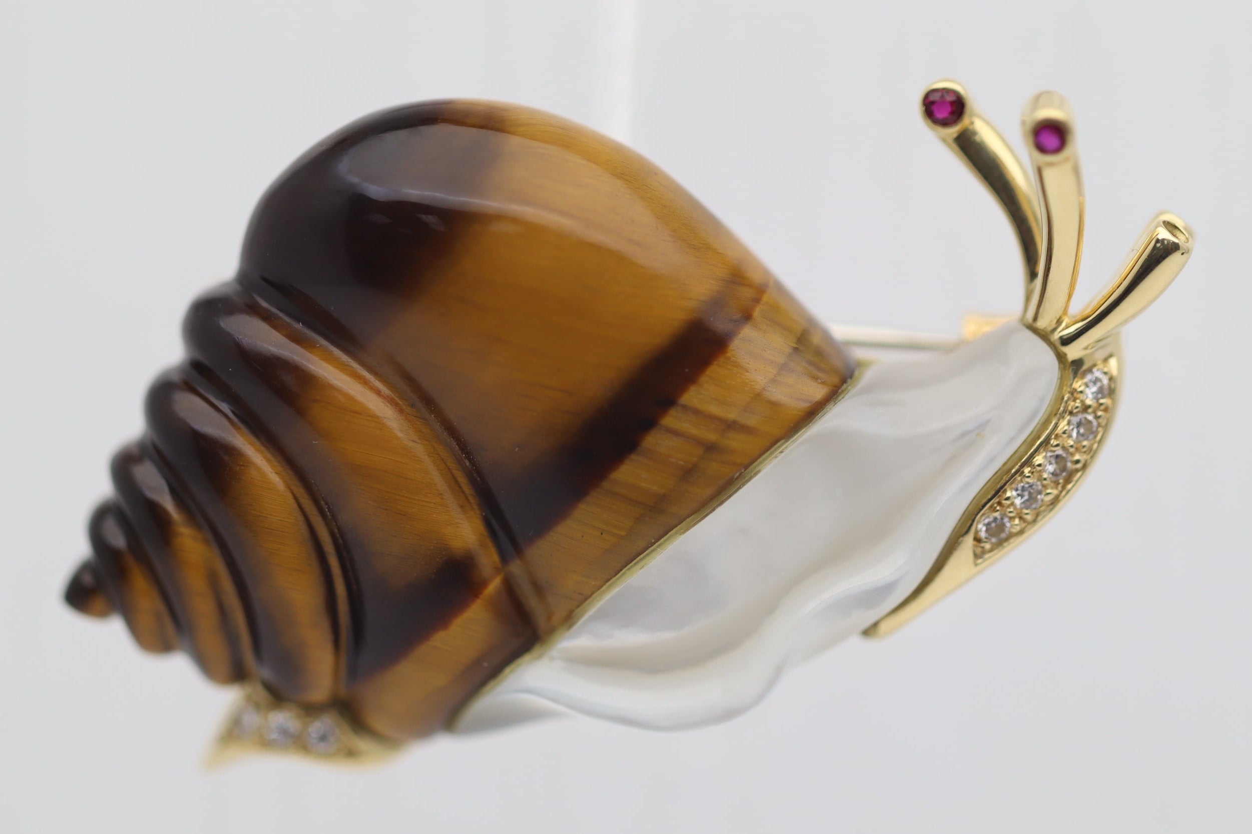 Diamond Tigers-Eye Mother-of-Pearl Gold Snail Brooch