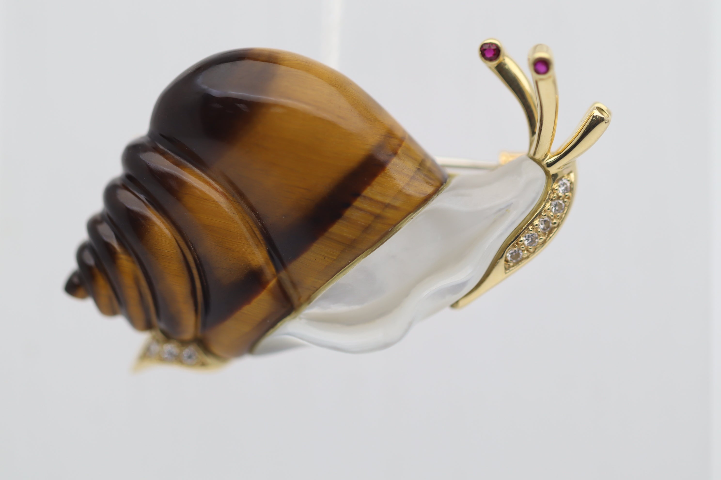 Diamond Tigers-Eye Mother-of-Pearl Gold Snail Brooch