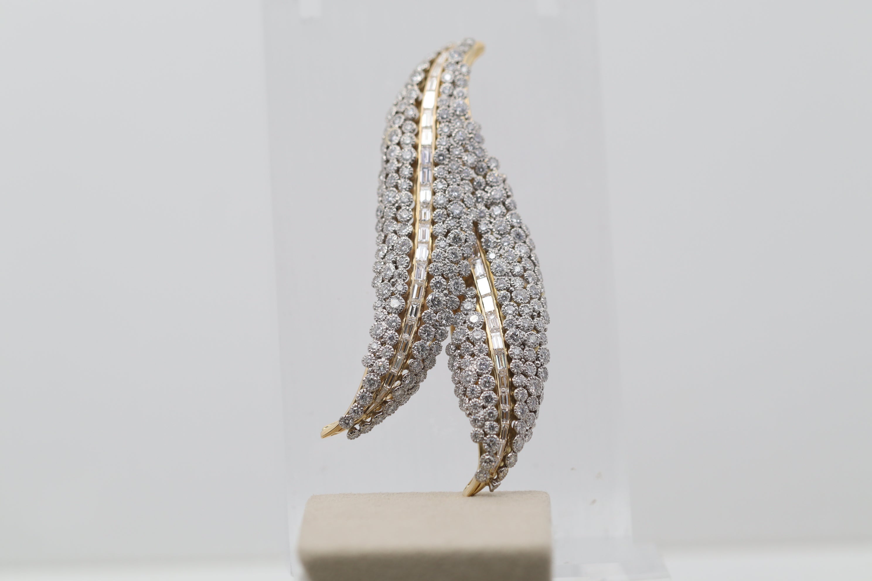 Antique-Style Diamond Double-Leaf Gold & Platinum Brooch