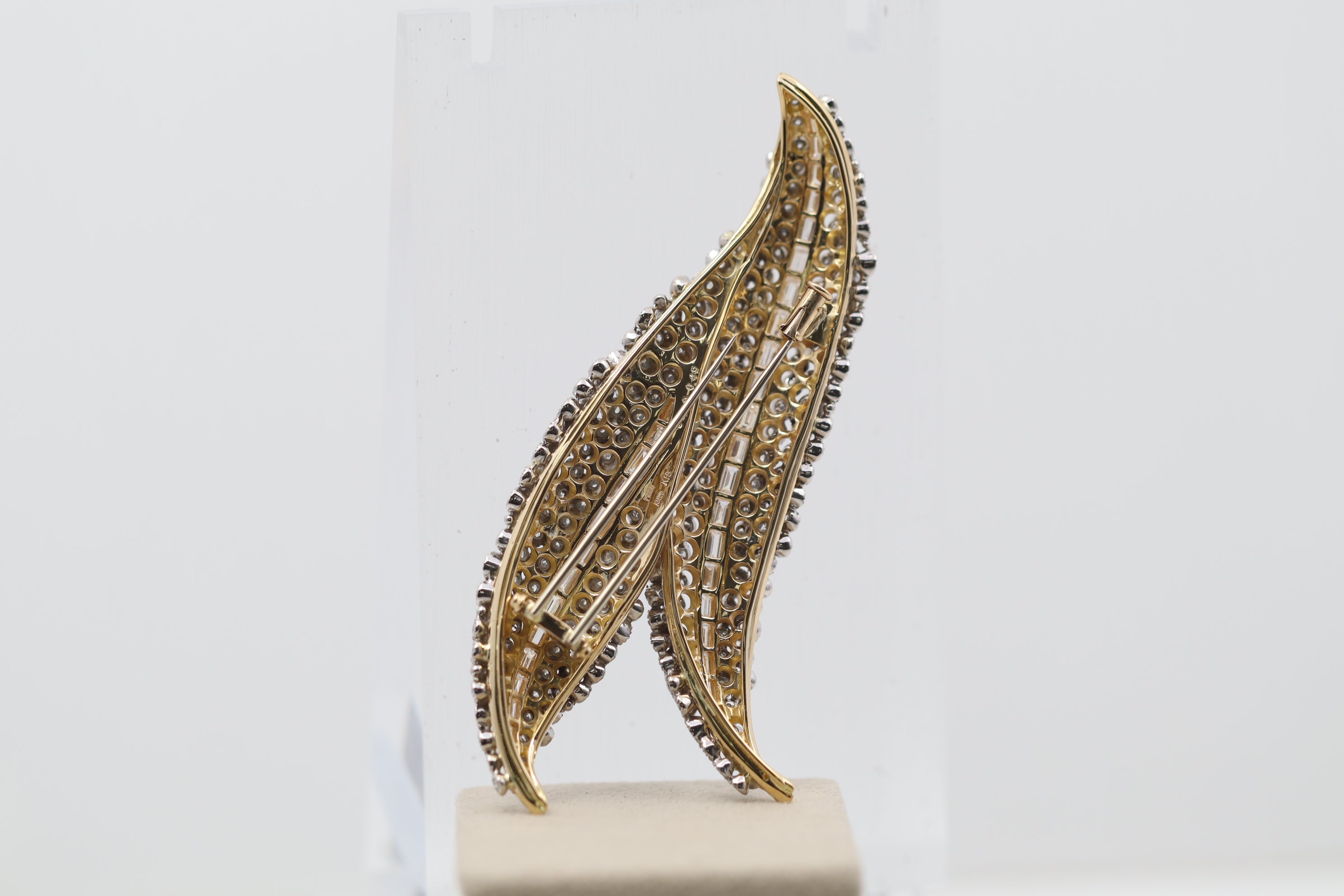 Antique-Style Diamond Double-Leaf Gold & Platinum Brooch