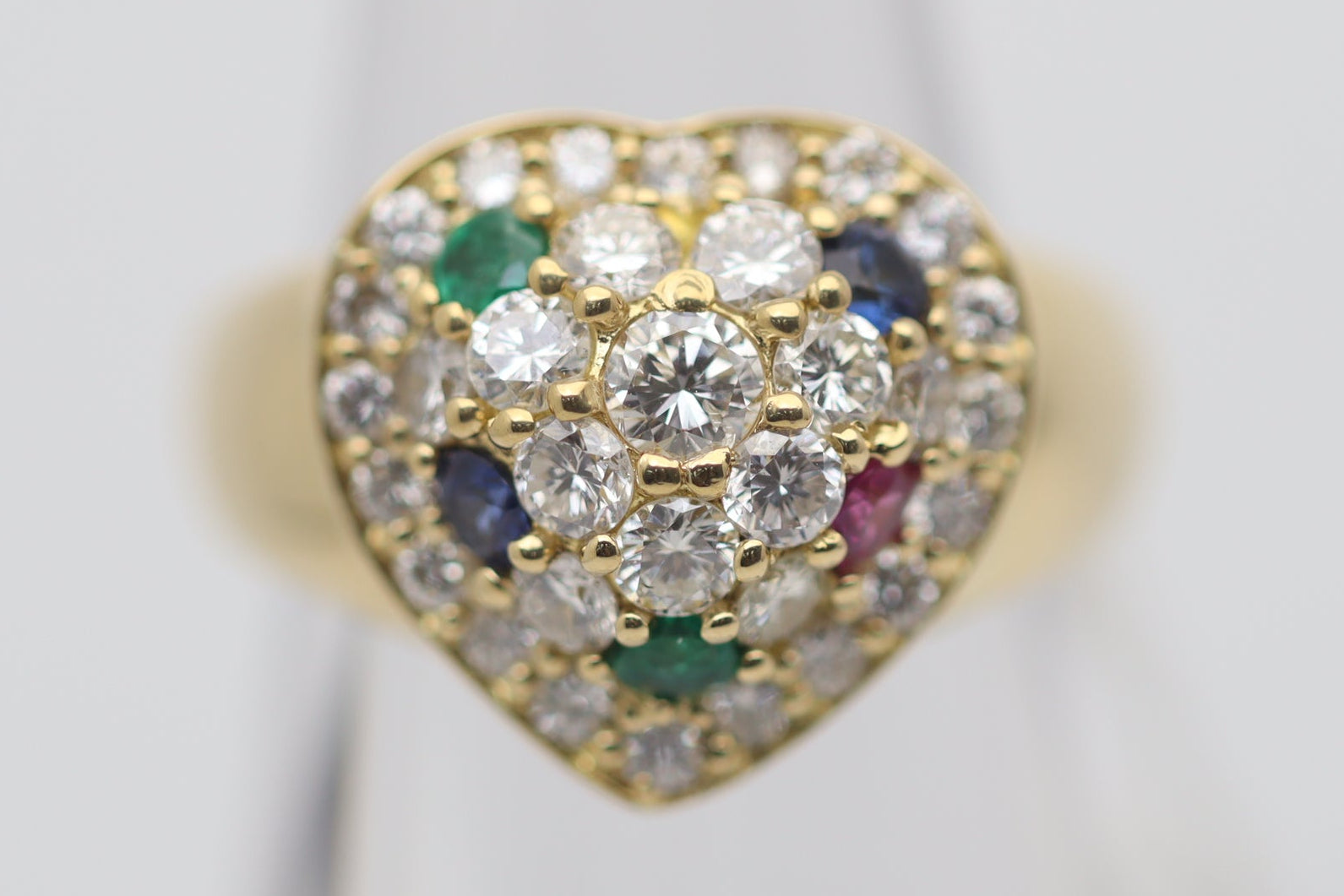 Diamond Ruby Sapphire Emerald Gold Heart-Motif Ring