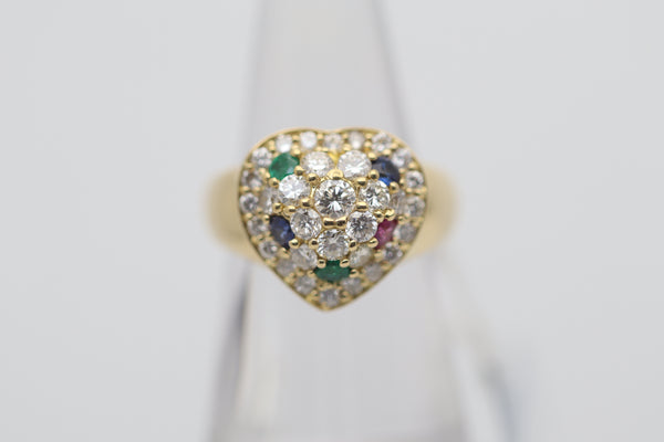 Diamond Ruby Sapphire Emerald Gold Heart-Motif Ring