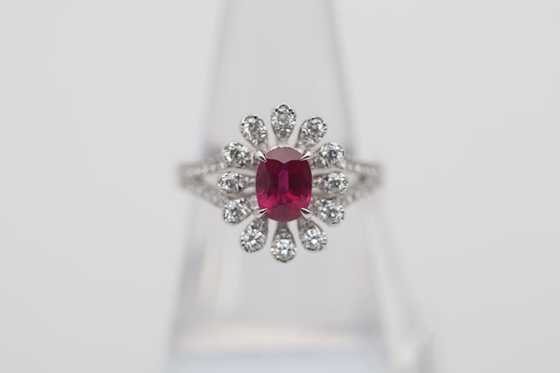 1.37 Carat Burmese Ruby Diamond Platinum Flower Ring, GIA Certified