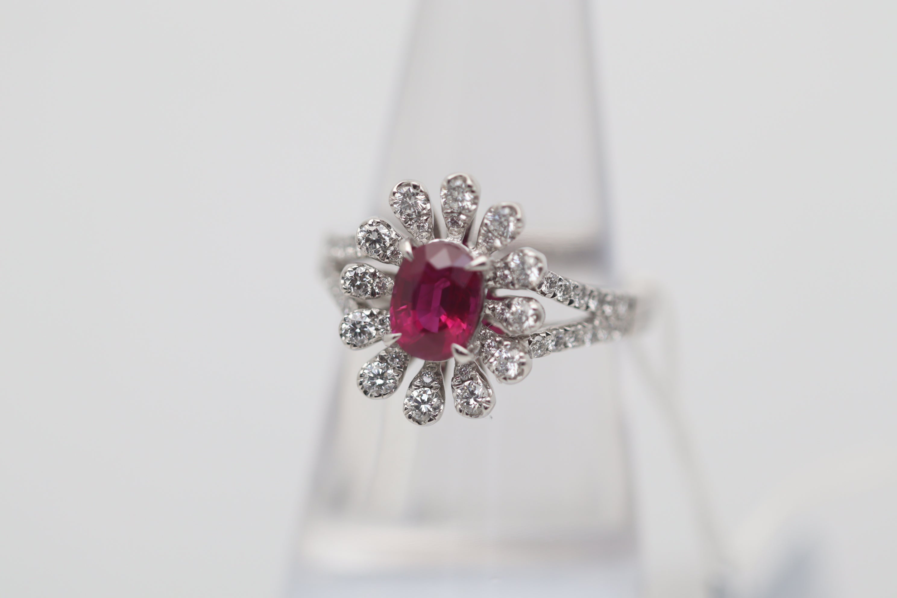 1.37 Carat Burmese Ruby Diamond Platinum Flower Ring, GIA Certified