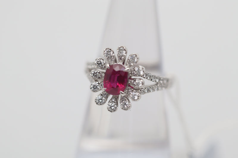 1.37 Carat Burmese Ruby Diamond Platinum Flower Ring, GIA Certified