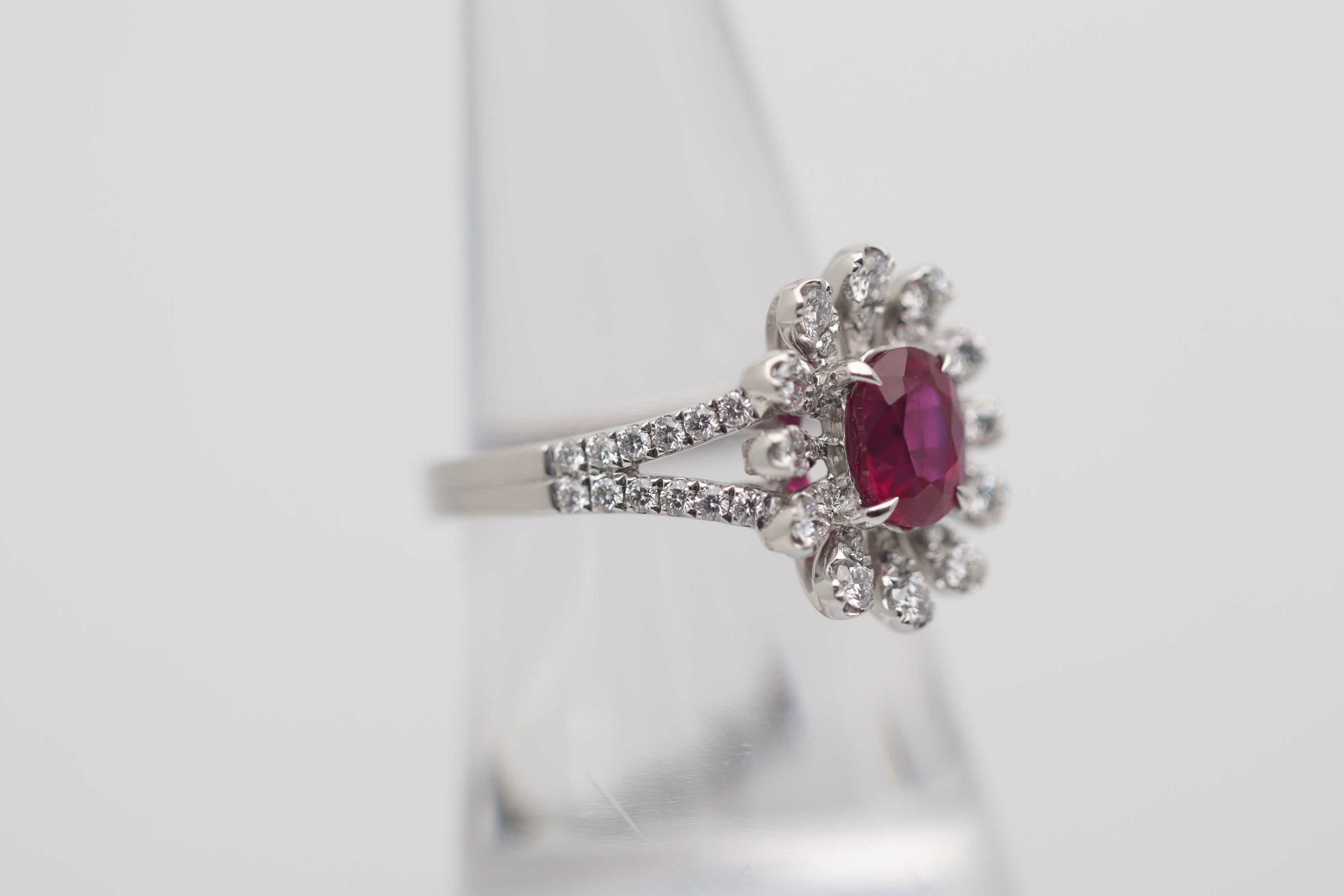 1.37 Carat Burmese Ruby Diamond Platinum Flower Ring, GIA Certified