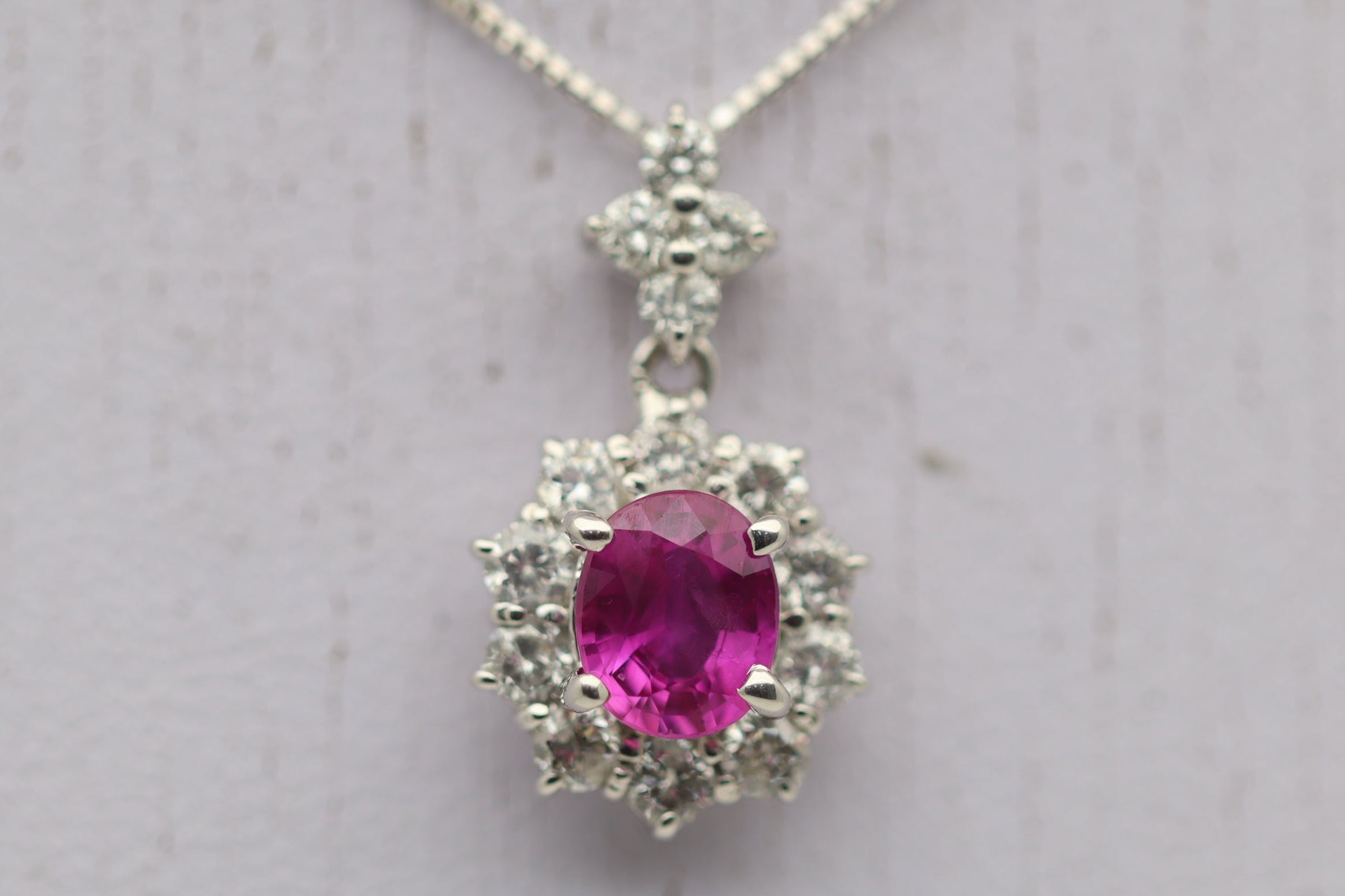 Pink Sapphire Diamond Halo Gold Drop Pendant