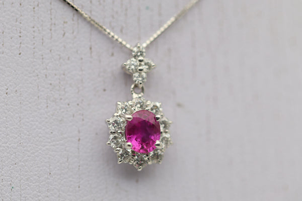 Pink Sapphire Diamond Halo Gold Drop Pendant