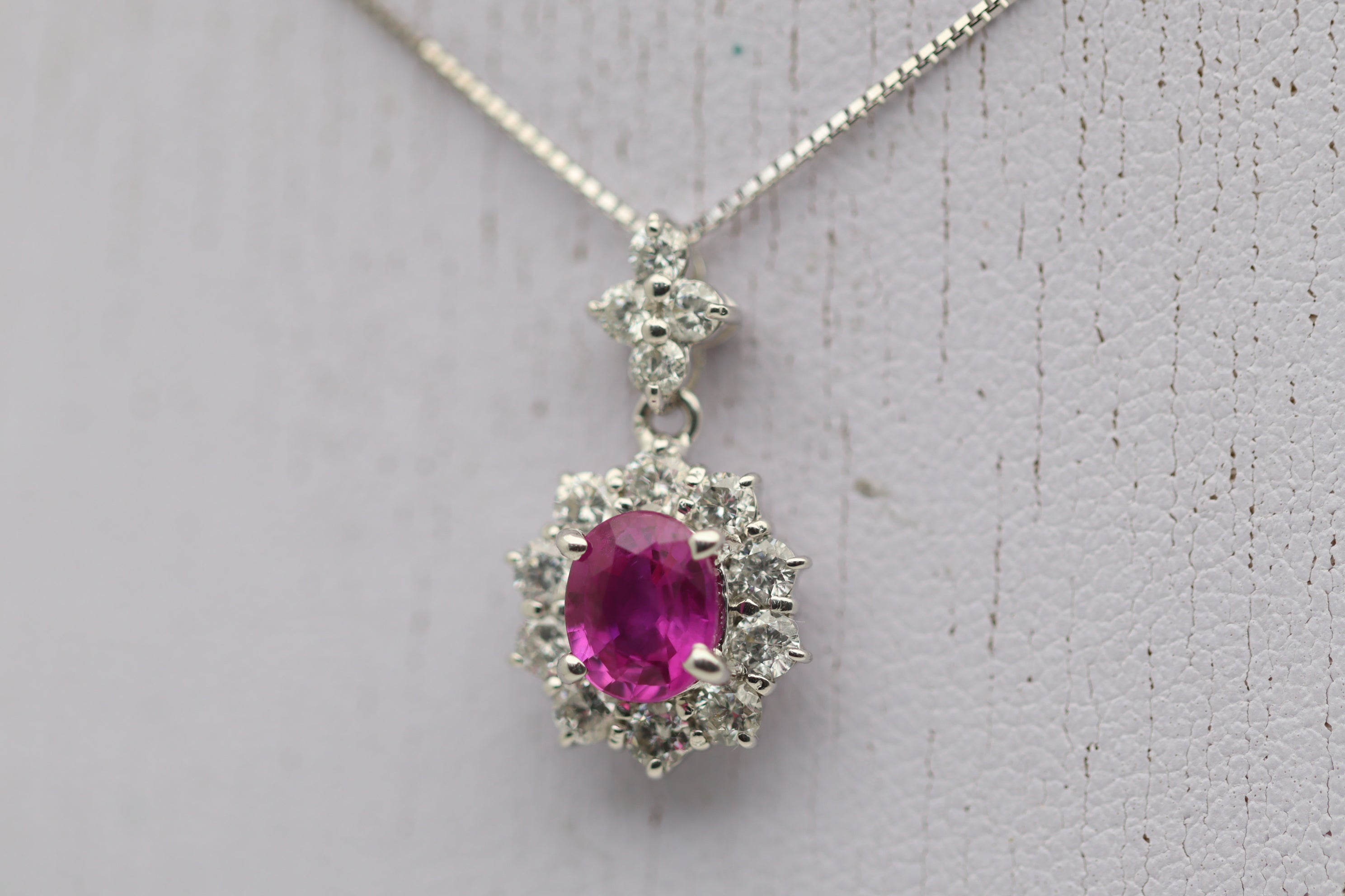 Pink Sapphire Diamond Halo Gold Drop Pendant