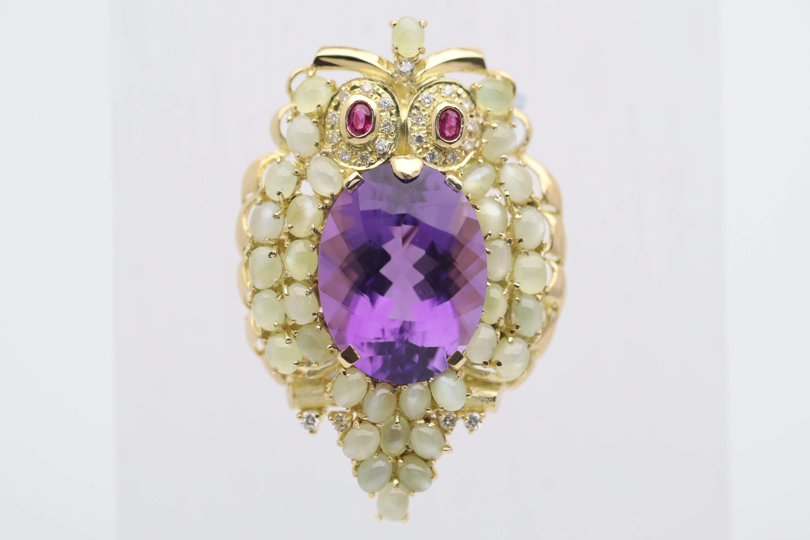 Amethyst Cats Eye Chrysoberyl Diamond Ruby Gold Owl Brooch