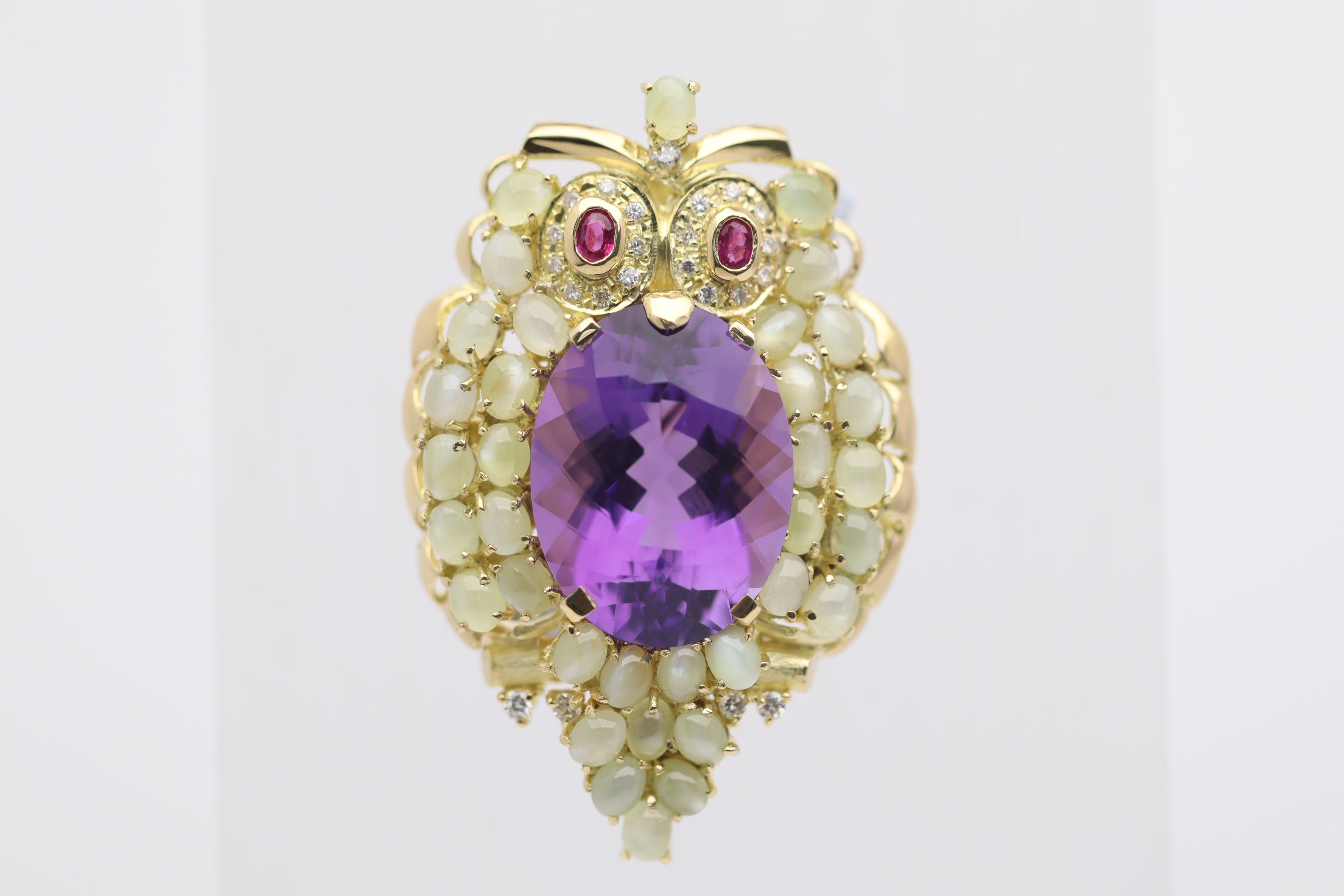 Amethyst Cats Eye Chrysoberyl Diamond Ruby Gold Owl Brooch