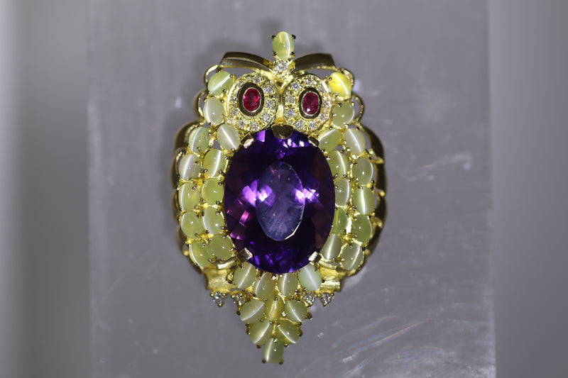 Amethyst Cats Eye Chrysoberyl Diamond Ruby Gold Owl Brooch