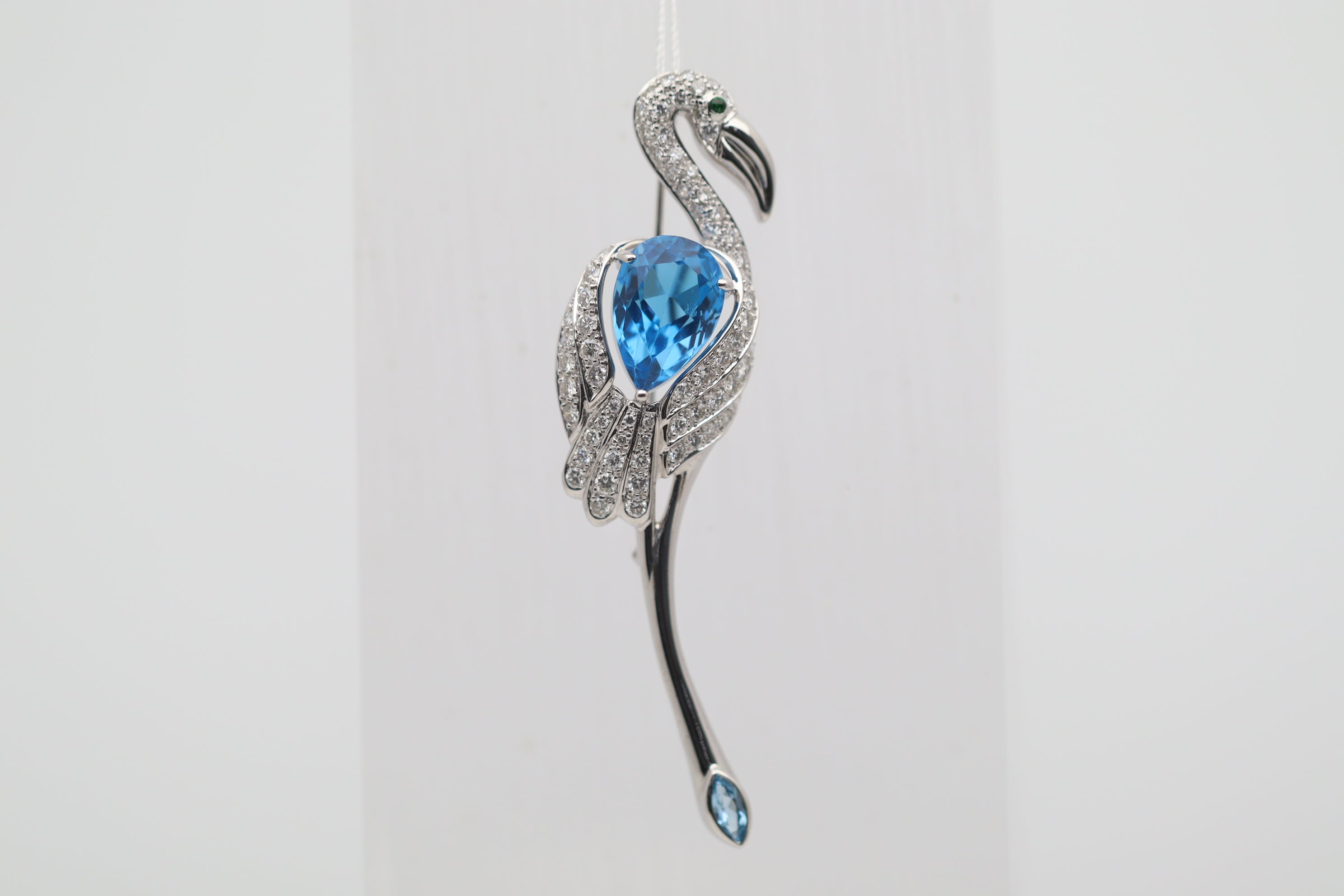 Blue Topaz Diamond Gold Flamingo Brooch Pin