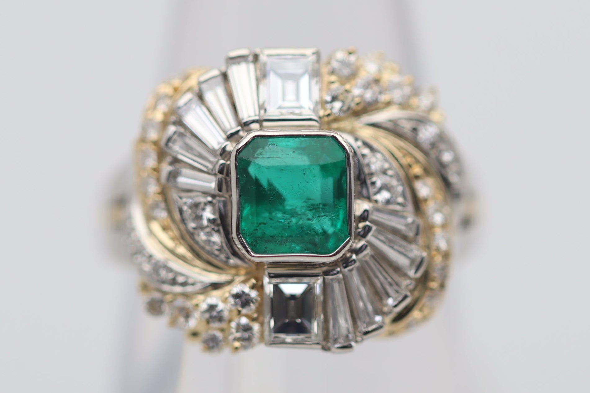 Emerald Diamond Platinum & Gold Two-Tone Spiral Ring
