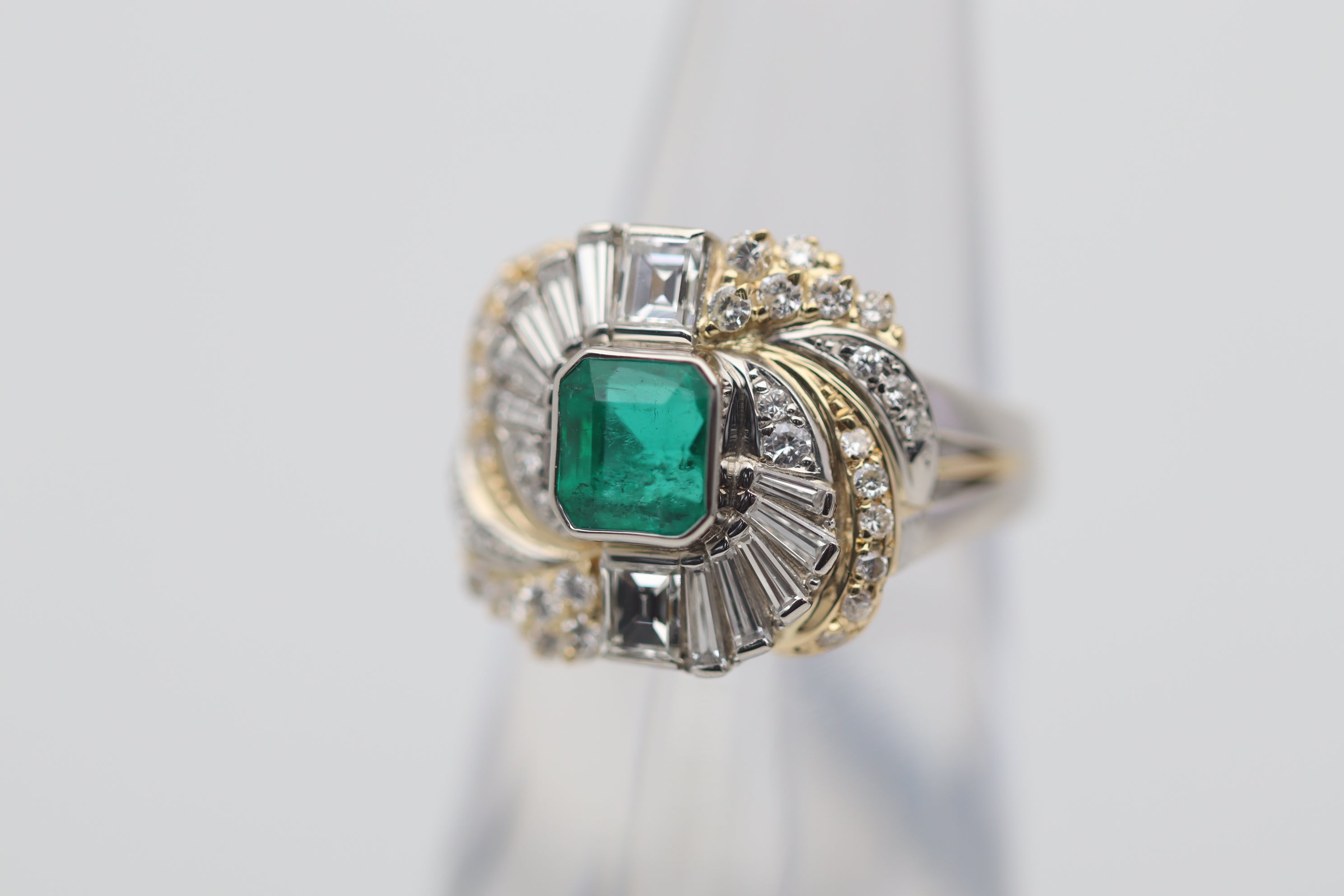 Emerald Diamond Platinum & Gold Two-Tone Spiral Ring