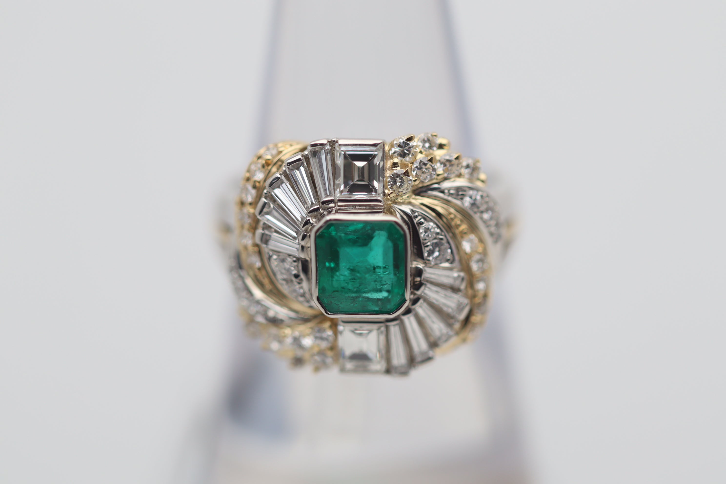 Emerald Diamond Platinum & Gold Two-Tone Spiral Ring