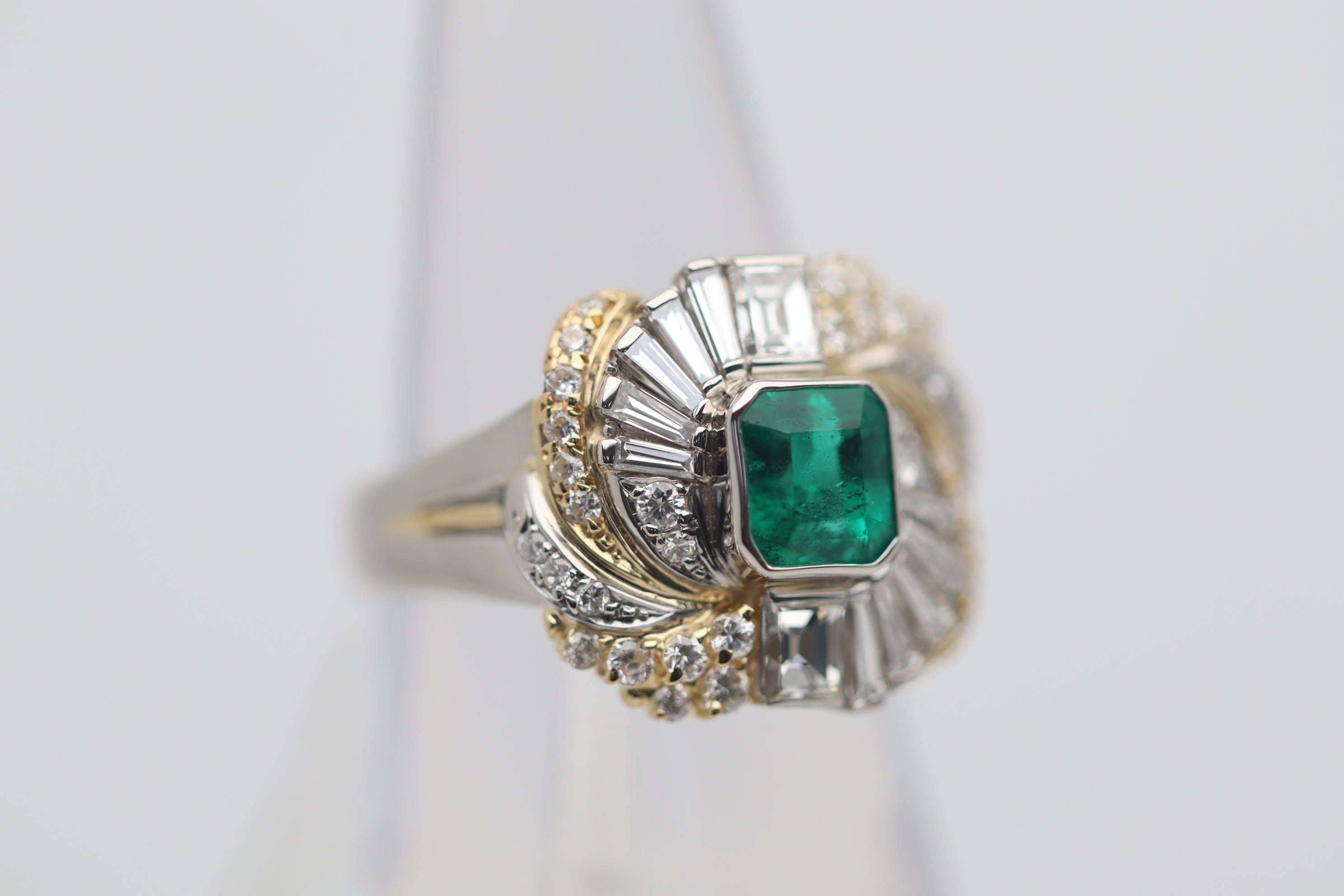 Emerald Diamond Platinum & Gold Two-Tone Spiral Ring