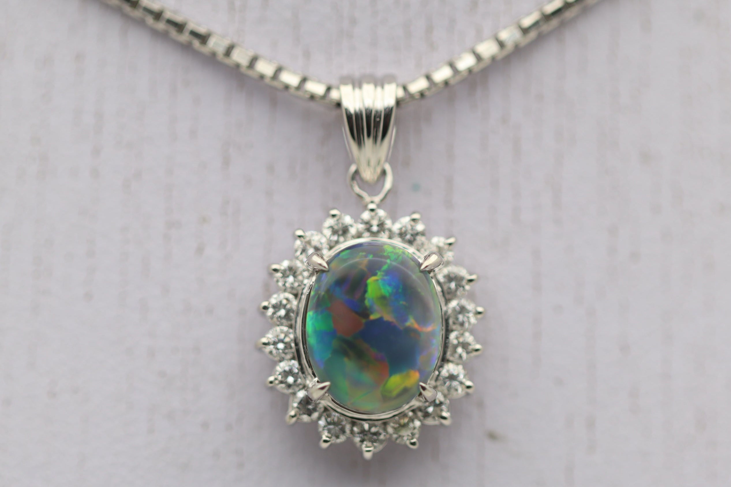 Australian Black Opal Diamond Halo Platinum Pendant