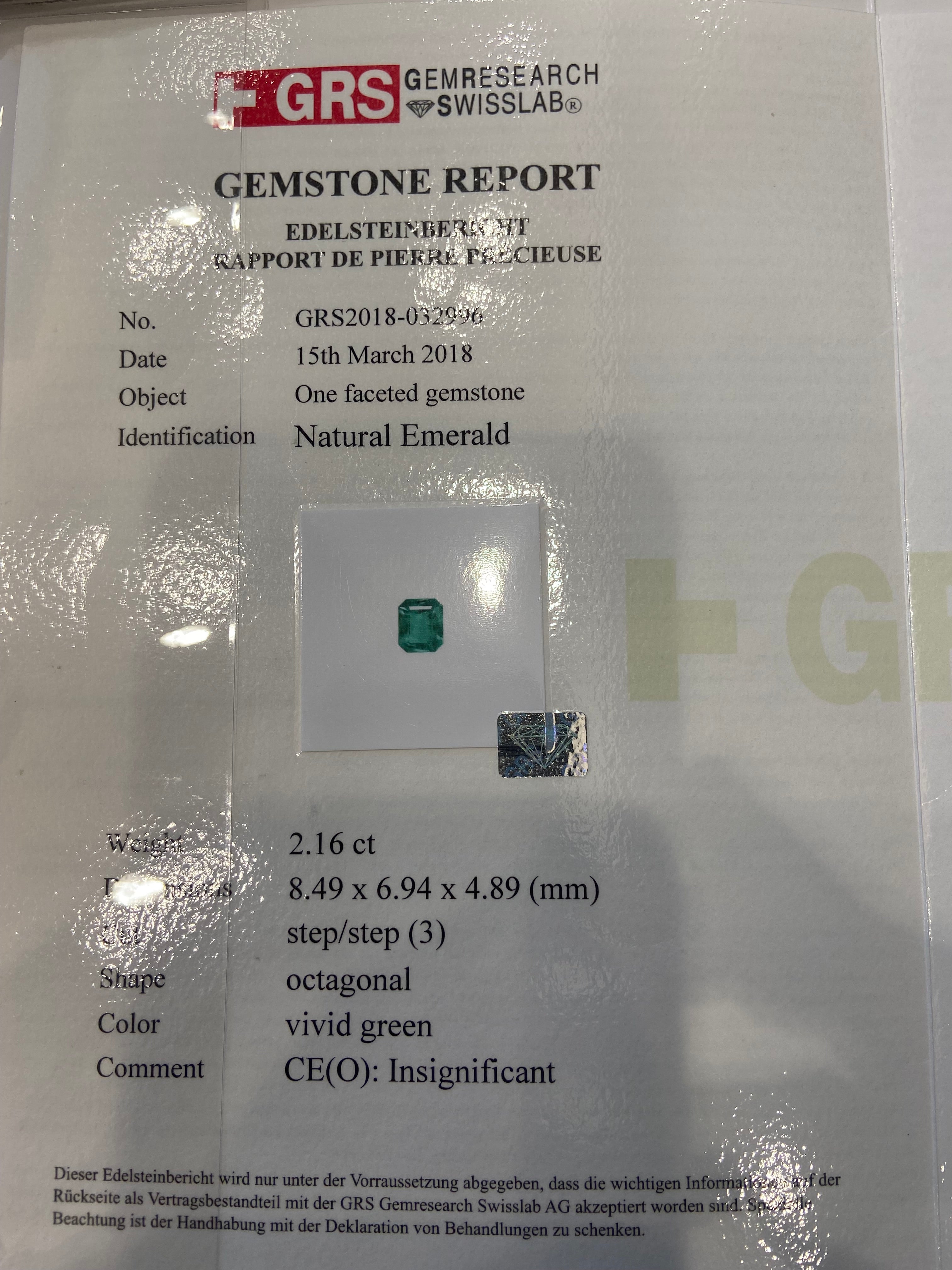 Colombian Emerald Diamond Platinum Ring, GRS Certified Insignificant Oil