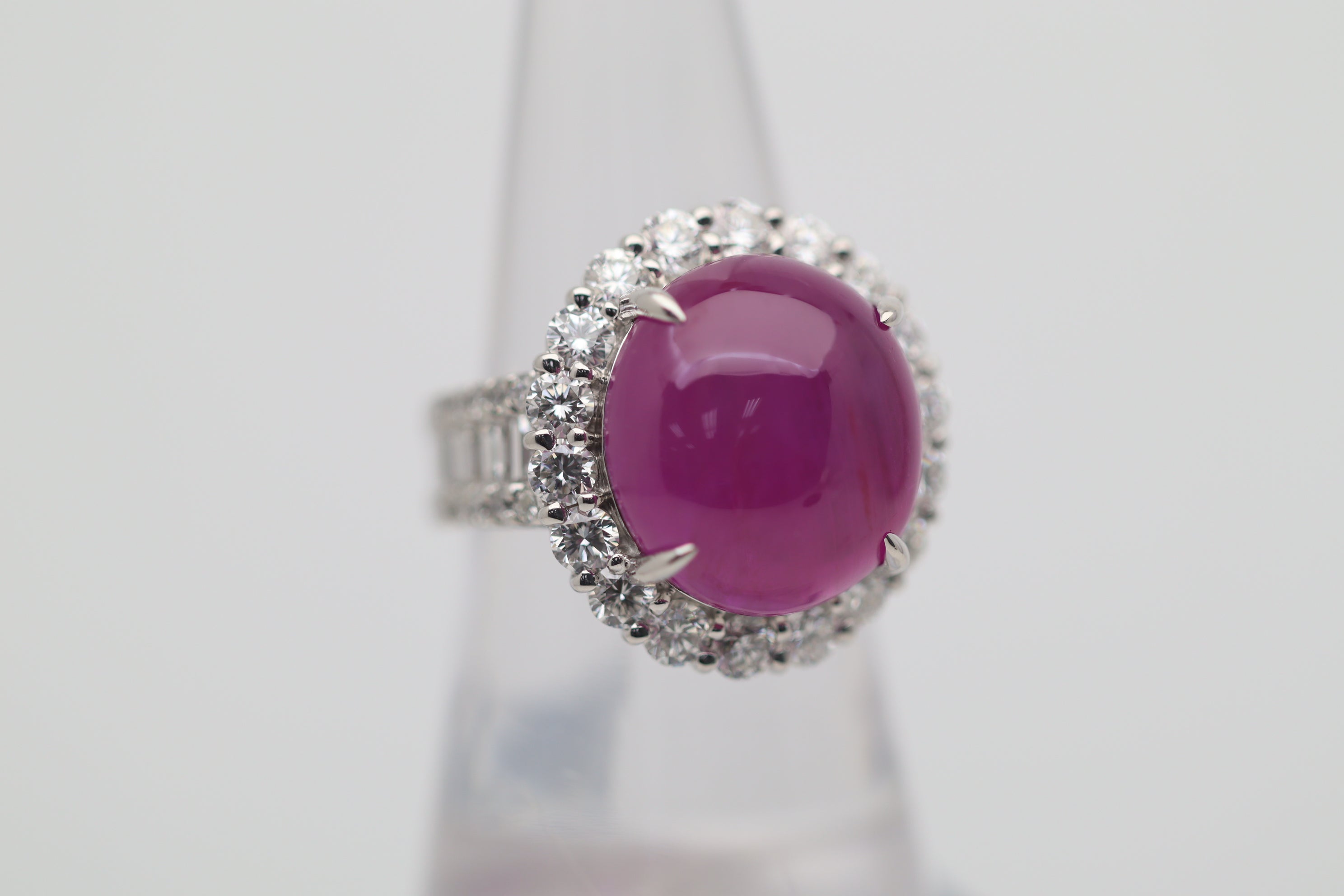 18.16 Carat Cabochon Ruby Diamond Halo Platinum Ring