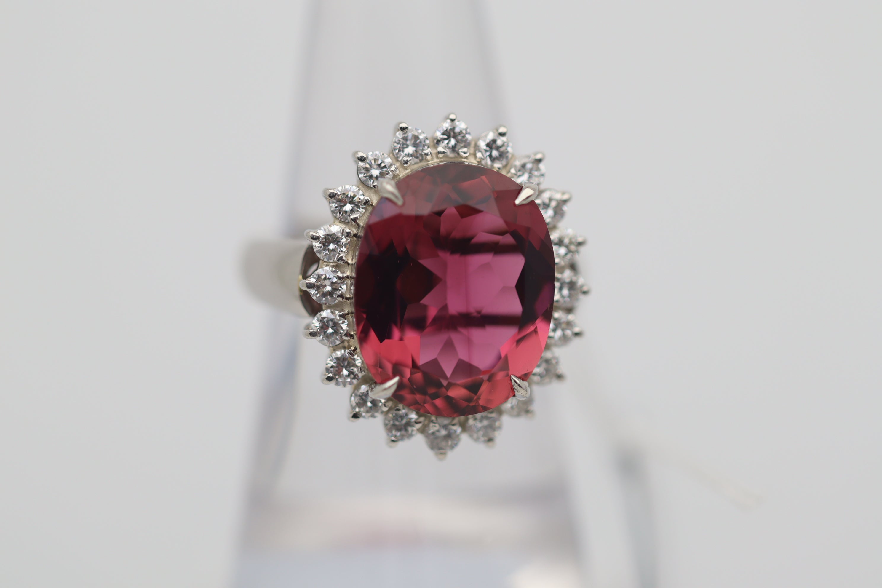 9.11 Carat Pink Tourmaline Diamond Halo Platinum Ring