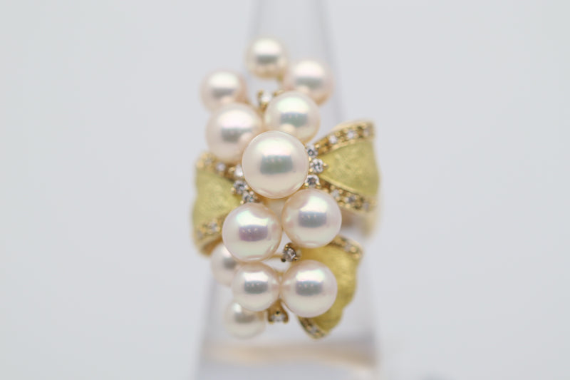 Akoya Pearl Cluster Diamond Gold Cocktail Ring