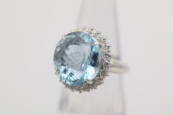 14.52 Carat Aquamarine Diamond Halo Platinum Ring